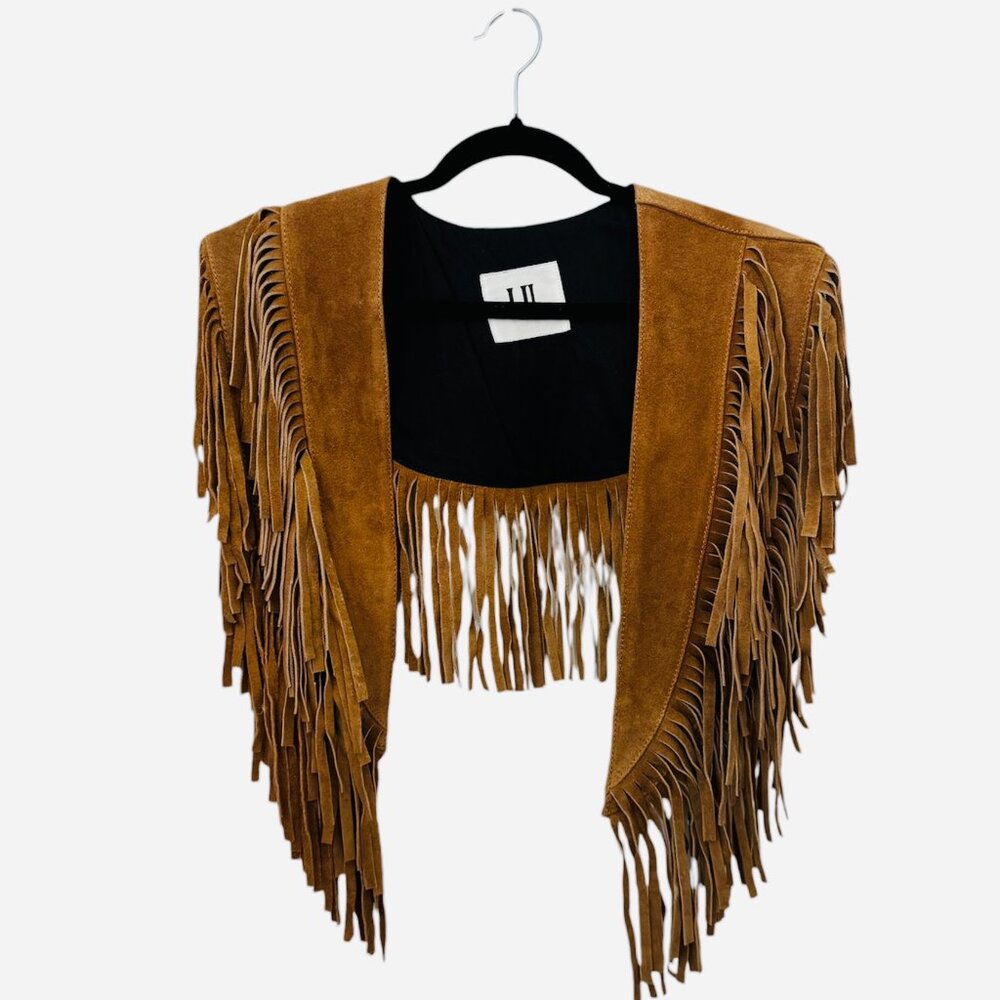 Free People Western Fringe Leather Shawl NWT OS | Tan Suede Fringe Wrap Boho - Picture 11 of 12